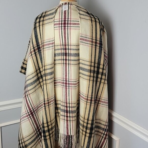 WOOLRICH Tan Black Tartan Plaid Preppy Fringe Blanket Drape Poncho Cape Wrap OS - Picture 6 of 6